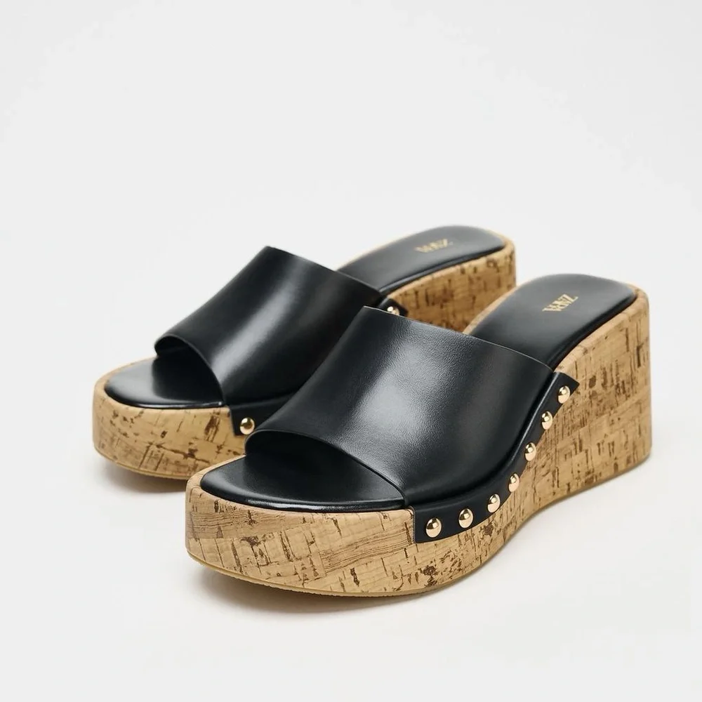 ZARA Black Platform wedge Sandals Size EU 41 US 10 Studded Cork Heel Slide Shoes
